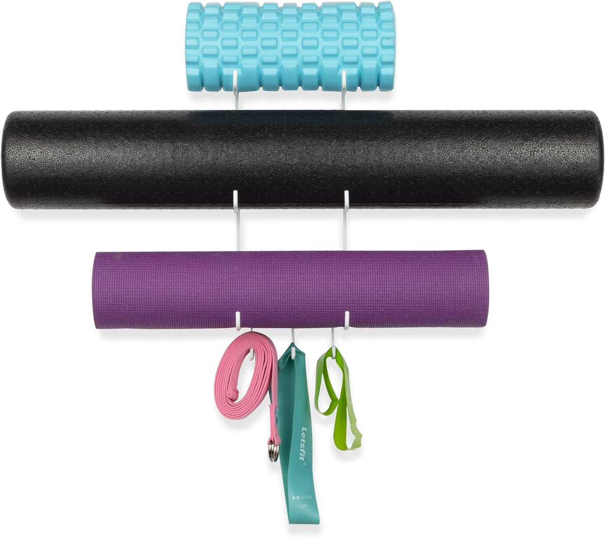 Guru Yoga Mat Holder Wall Mount with 3 Hooks for Hanging Yoga Strap, Resistance Bands, 5-Sectional Metal
