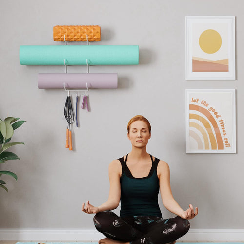 Guru Yoga Mat Holder Wall Mount with 3 Hooks for Hanging Yoga Strap, Resistance Bands, 5-Sectional Metal
