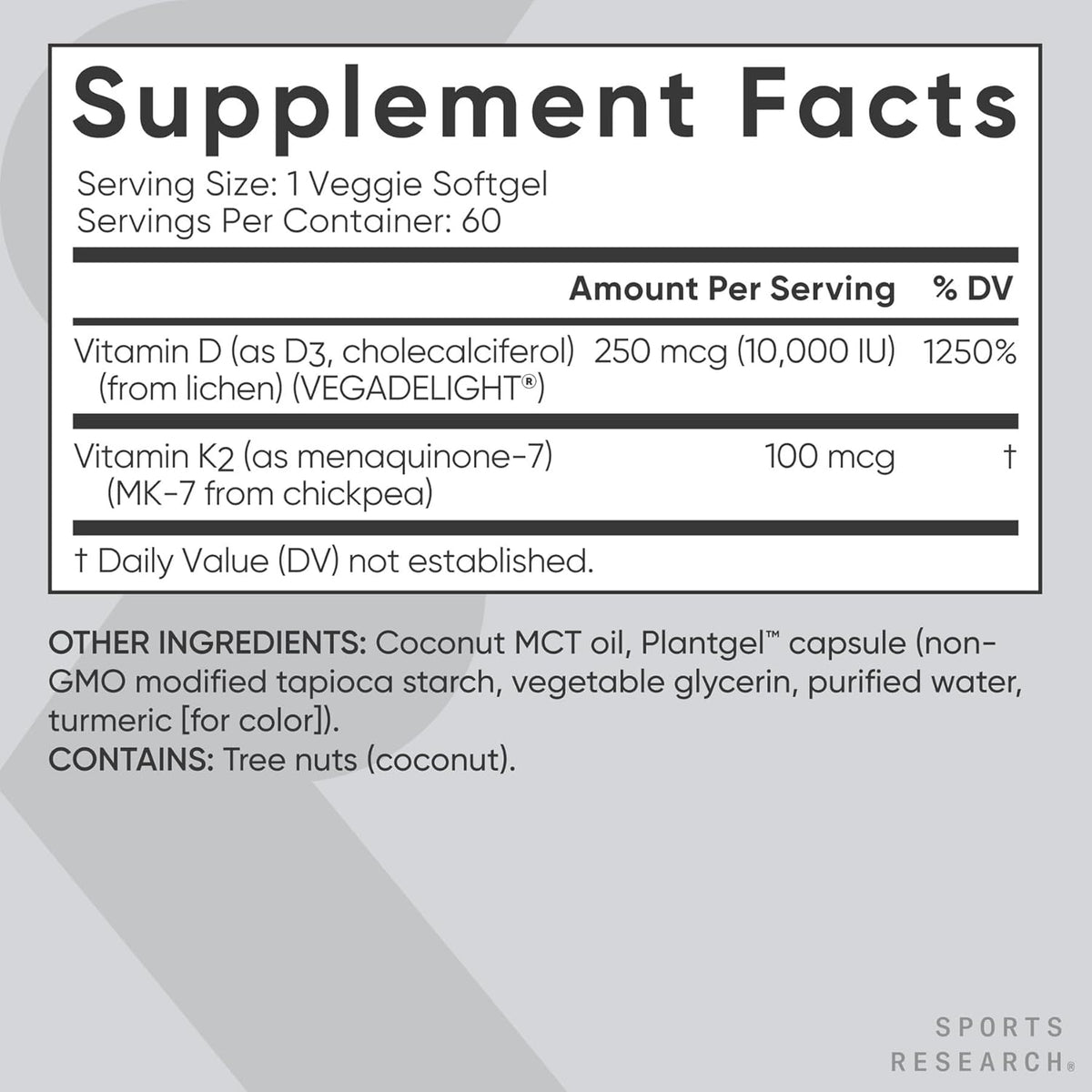 Sports Research® Vitamin D3 + K2 with 10,000Iu of Plant-Based D3 & 100Mcg of Vitamin K2 as MK-7 | Non-Gmo Verified & Vegan Certified 60Ct