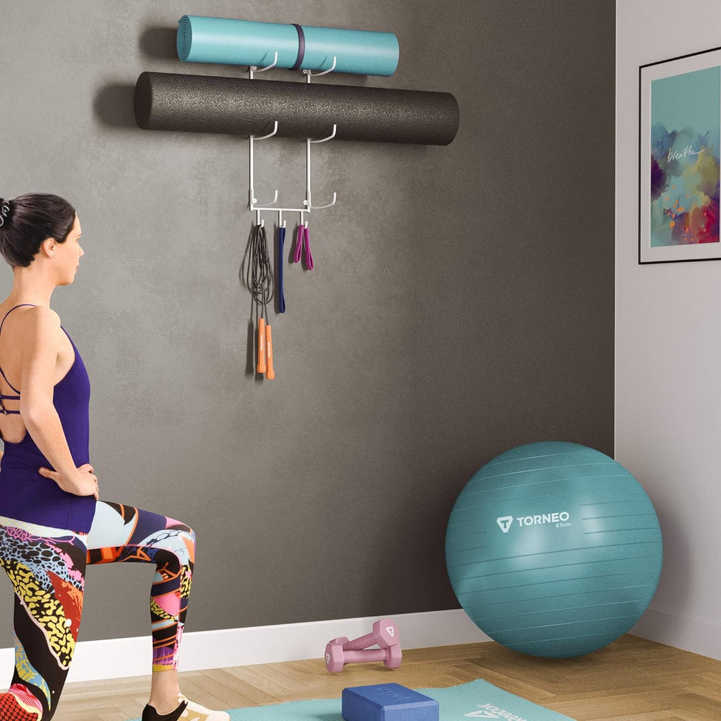 Guru Yoga Mat Holder Wall Mount with 3 Hooks for Hanging Yoga Strap, Resistance Bands, 5-Sectional Metal