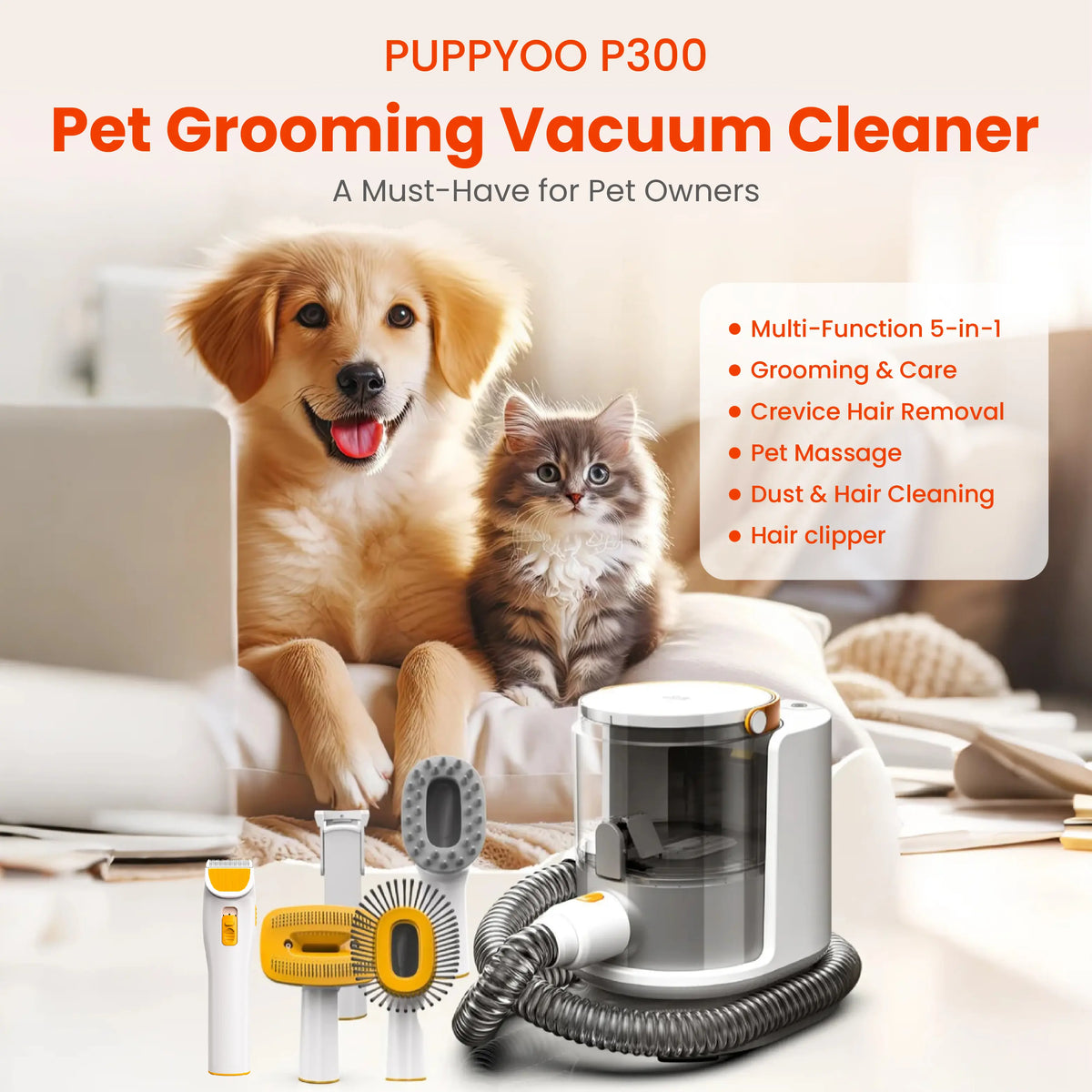 PUPPYOO 5-In-1 Dog & Cat Grooming Kit with Grooming Trimming Tool, 13000Pa Vacuum, 1.5L Dust Cup, 4M Cord, Whisper-Quiet Operation, Adjustable Guard Combs, Hair Remover Roller