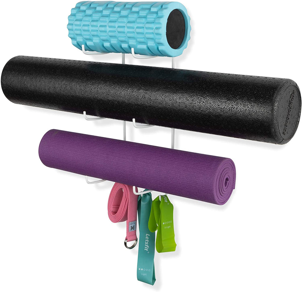 Guru Yoga Mat Holder Wall Mount with 3 Hooks for Hanging Yoga Strap, Resistance Bands, 5-Sectional Metal